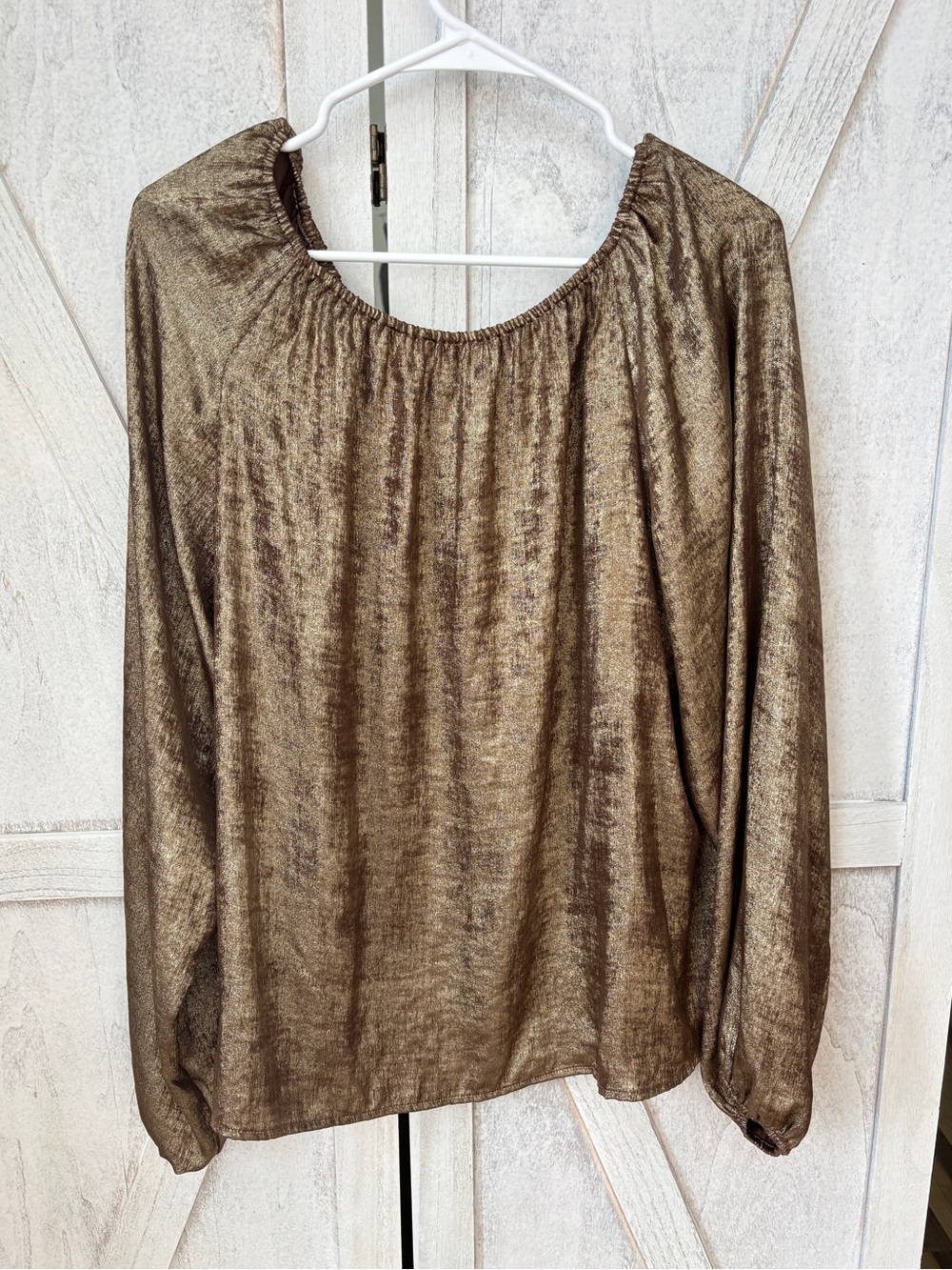 LOFT Metallic Crinkle Top Womens XL Gold Bronze Pleated Balloon Sleeve Going Out - Picture 2 of 7